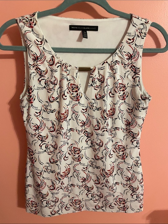 White House Black Market Tops - White House Black Market Cream Sleeveless Tank with Red & Black Swirl Print